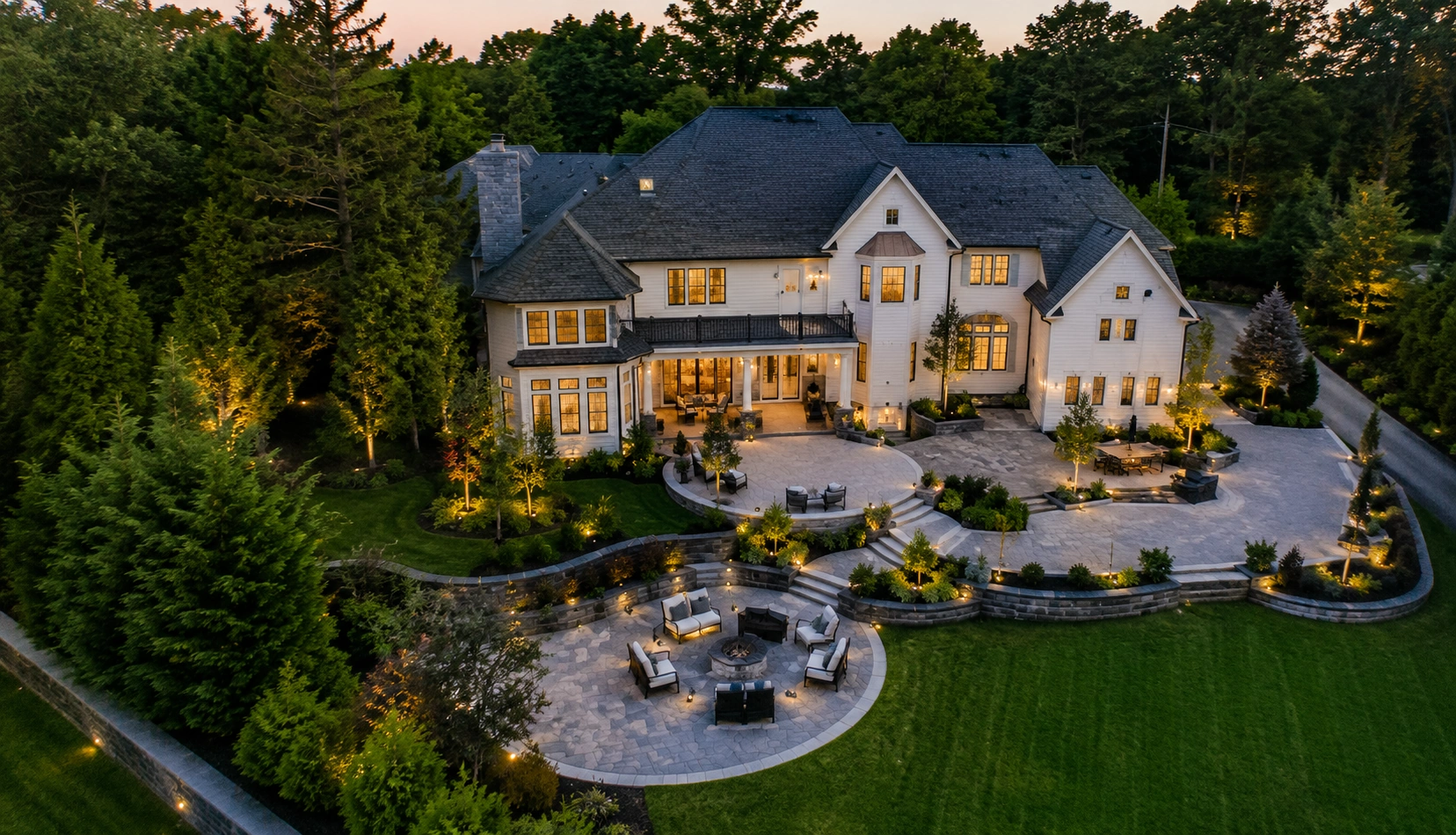 Landscaped estate at dusk