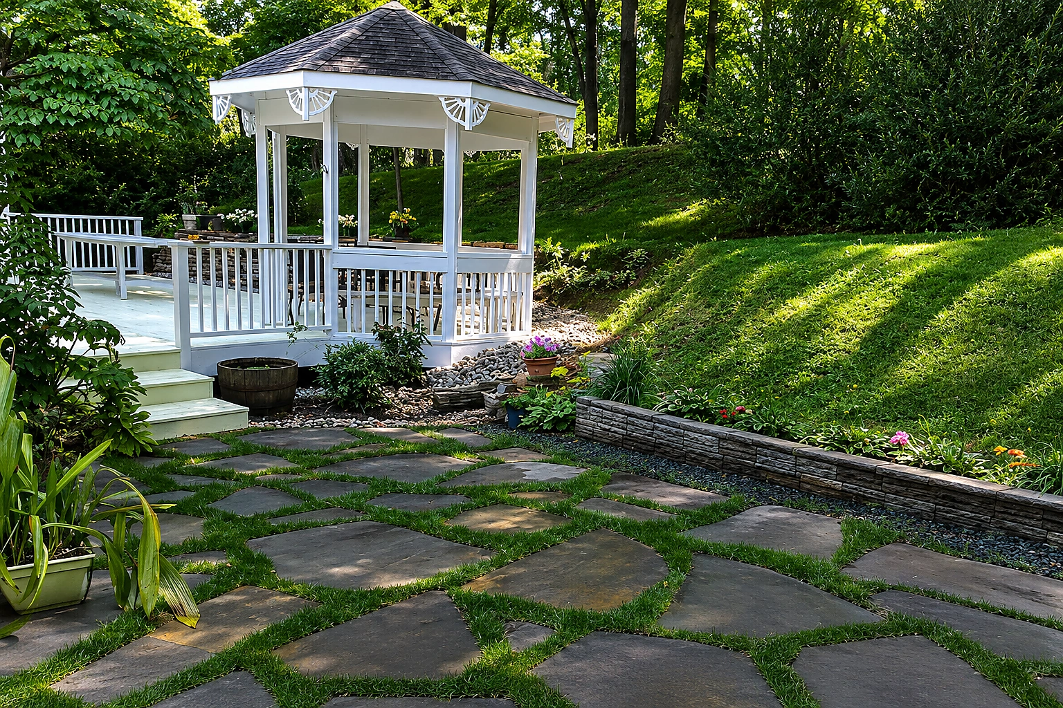 Landscaped backyard with gazebo and stone pathway